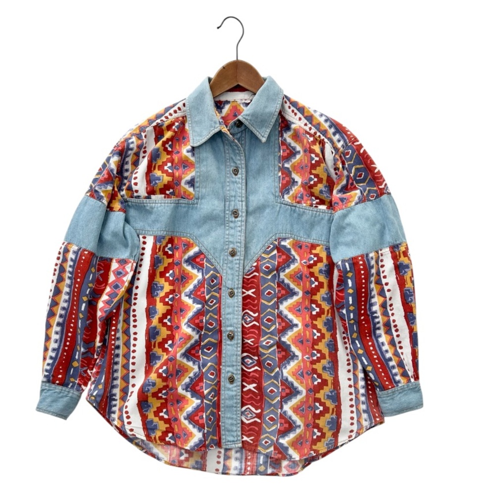 Vintage Aztec Print Long Sleeve Denim & Cotton Western Button-Up Shirt